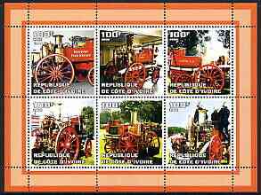 Ivory Coast 2002 Old Fire Engines #1 perf sheetlet containing set of 6 values (top left Bridport) unmounted mint, stamps on , stamps on  stamps on fire