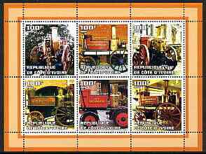 Ivory Coast 2002 Old Fire Engines #2 perf sheetlet containing set of 6 values (lower right Gosforth) unmounted mint, stamps on , stamps on  stamps on fire