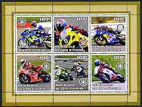 Ivory Coast 2002 Racing Motorcycles #2 perf sheetlet containing set of 6 values (top middle No. 6) each with Rotary logo, unmounted mint, stamps on , stamps on  stamps on motorbikes, stamps on  stamps on rotary