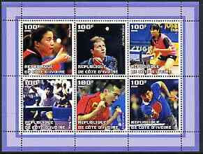 Ivory Coast 2002 Table Tennis perf sheetlet containing set of 6 values unmounted mint, stamps on , stamps on  stamps on table tennis, stamps on  stamps on sport