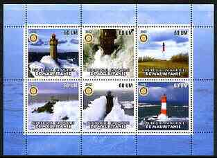 Mauritania 2002 Lighthouses #1 perf sheetlet containing set of 6 values (blue background) each with Rotary logo, unmounted mint, stamps on , stamps on  stamps on lighthouses, stamps on  stamps on rotary