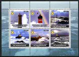 Mauritania 2002 Lighthouses #2 perf sheetlet containing set of 6 values (green background) each with Rotary logo, unmounted mint, stamps on , stamps on  stamps on lighthouses, stamps on  stamps on rotary, stamps on  stamps on rainbows, stamps on  stamps on helicopters