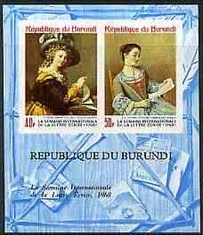 Burundi 1968 Letter Writing Week (Paintings) imperf m/sheet containing 2 values unmounted mint, Mi BL 28B, stamps on arts, stamps on literature