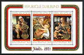 Burundi 1971 25th Anniversary of UNICEF opt on Christmas Paintings perf m/sheet unmounted mint SG MS 715b, Mi BL 54A, stamps on , stamps on  stamps on arts, stamps on  stamps on christmas, stamps on  stamps on unicef