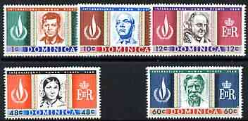 Dominica 1968 Human Rights Year perf set of 5 unmounted mint, SG 209-13, stamps on kennedy, stamps on schweitzer, stamps on popes, stamps on human rights, stamps on , stamps on pope