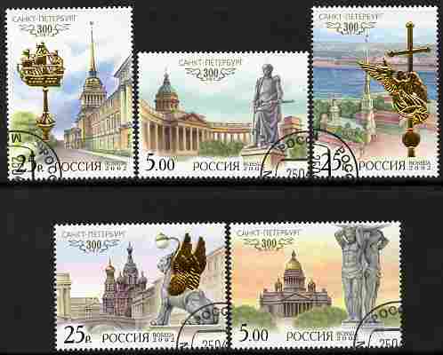 Russia 2002 300th Anniversary of St Petersburg perf set of 5 cds used SG 7088-92, stamps on , stamps on  stamps on tourism, stamps on  stamps on statues, stamps on  stamps on cathedrals, stamps on  stamps on statues, stamps on  stamps on ships