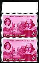 Cayman Islands 1964 400th Birth Anniversary of Shakespeare 6d vert pair, one stamp with 'scratch at right' (R2/3) unmounted mint, SG 183var, stamps on , stamps on  stamps on personalities, stamps on  stamps on shakespeare, stamps on  stamps on literature