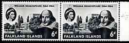 Falkland Islands 1964 400th Birth Anniversary of Shakespeare 6d horiz pair, one stamp with 'retouched sky above 1964' (R4/5) unmounted mint SG 214var, stamps on , stamps on  stamps on personalities, stamps on  stamps on shakespeare, stamps on  stamps on literature