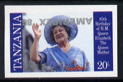 Tanzania 1986 Queen Mother 20s (as SG 426) imperf proof single with AMERIPEX '86 opt in silver inverted unmounted mint, stamps on , stamps on  stamps on postal, stamps on  stamps on royalty, stamps on  stamps on queen mother, stamps on  stamps on stamp exhibitions