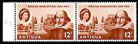 Antigua 1964 400th Birth Anniversary of Shakespeare 12c horiz pair, one stamp with retouch between trees (R6/2) unmounted mint SG 164var, stamps on personalities, stamps on shakespeare, stamps on literature
