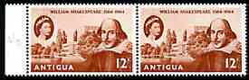 Antigua 1964 400th Birth Anniversary of Shakespeare 12c horiz pair, one stamp with 'retouch between trees' (R6/2) unmounted mint SG 164var, stamps on , stamps on  stamps on personalities, stamps on  stamps on shakespeare, stamps on  stamps on literature