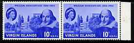 British Virgin Islands 1964 400th Birth Anniversary of Shakespeare 10c horiz pair, one stamp with 'scratch by eye' (R7/5) unmounted mint, SG 177var, stamps on , stamps on  stamps on personalities, stamps on  stamps on shakespeare, stamps on  stamps on literature