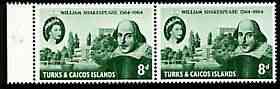 Turks & Caicos Islands 1964 400th Birth Anniversary of Shakespeare 8d horiz pair, one stamp with 'retouch on building' (R7/2) unmounted mint SG 257var, stamps on , stamps on  stamps on personalities, stamps on  stamps on shakespeare, stamps on  stamps on literature