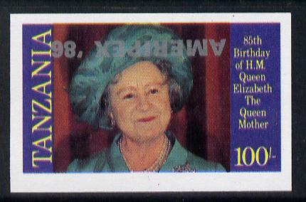 Tanzania 1986 Queen Mother 100s (as SG 428) imperf proof single with AMERIPEX '86 opt in silver inverted unmounted mint, stamps on , stamps on  stamps on postal, stamps on  stamps on royalty, stamps on  stamps on queen mother, stamps on  stamps on stamp exhibitions