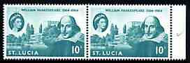 St Lucia 1964 400th Birth Anniversary of Shakespeare 10c horiz pair, one stamp with 'Large white flaw on Crown' (R4/4) unmounted mint SG 211var, stamps on personalities, stamps on shakespeare, stamps on literature