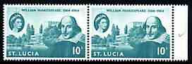 St Lucia 1964 400th Birth Anniversary of Shakespeare 10c horiz pair, one stamp with Large white flaw on Crown (R4/4) unmounted mint SG 211var, stamps on personalities, stamps on shakespeare, stamps on literature