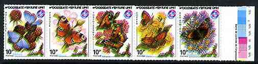 Cinderella - Woodseats Venture Scouts 1987 se-tenant strip of 5 rouletted labels featuring Butterflies on Flowers showing a fine shift of yellow and blue, an attractive yet inexpensive variety, stamps on , stamps on  stamps on cinderellas, stamps on scouts, stamps on  stamps on flowers, stamps on  stamps on butterflies