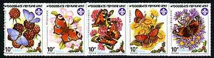 Cinderella - Woodseats Venture Scouts 1987 se-tenant strip of 5 rouletted labels featuring Butterflies on Flowers unmounted mint, stamps on , stamps on  stamps on cinderellas, stamps on scouts, stamps on  stamps on flowers, stamps on  stamps on butterflies
