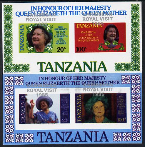 Tanzania 1985 Life & Times of HM Queen Mother set of 2 imperf proof m/sheets each with the unissued 'Caribbean Royal Visit 1985' opt in silver misplaced by 15mm unmounted mint, stamps on , stamps on  stamps on royalty, stamps on royal visit , stamps on queen mother