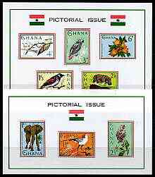 Ghana 1964 Pictorial Issue set of 2 imperf m/sheets (Flora & Fauna) unmounted mint, SG MS 364a, stamps on , stamps on  stamps on animals, stamps on  stamps on birds, stamps on  stamps on flowers, stamps on  stamps on elephants, stamps on  stamps on parrots, stamps on  stamps on hippo, stamps on  stamps on starlings