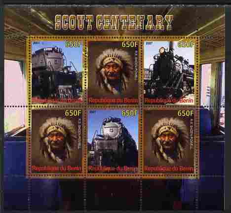 Benin 2007 Scout Centenary - Locomotives & N American Indian perf sheetlet containing 6 values unmounted mint. Note this item is privately produced and is offered purely ...