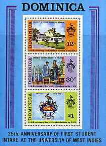 Dominica 1974 West Indies University perf m/sheet containing set of 3 unmounted mint, SG MS414, stamps on , stamps on  stamps on universities, stamps on  stamps on education, stamps on  stamps on arms, stamps on  stamps on heraldry, stamps on  stamps on 