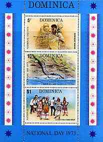 Dominica 1973 National Day perf m/sheet containing 3 values unmounted mint, SG MS410, stamps on , stamps on  stamps on dancing, stamps on  stamps on baskets, stamps on  stamps on 