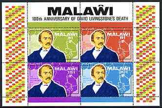 Malawi 1973 Death Centenary of David Livingstone (1st issue) perf m/sheet containing set of 4 unmounted mint, SG MS439, stamps on , stamps on  stamps on personalities, stamps on  stamps on explorers, stamps on  stamps on livingstone, stamps on  stamps on maps, stamps on  stamps on scots, stamps on  stamps on scotland