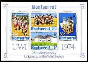 Montserrat 1974 University of the West Indies perf m/sheet unmounted mint, SG 324-27, stamps on universities, stamps on education, stamps on weaving, stamps on textiles, stamps on music