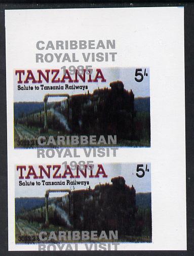 Tanzania 1985 Locomotives 5s (as SG 430) imperf proof pair with the unissued 'Caribbean Royal Visit 1985' opt in silver misplaced by 15mm unmounted mint, stamps on , stamps on  stamps on railways, stamps on royalty, stamps on royal visit