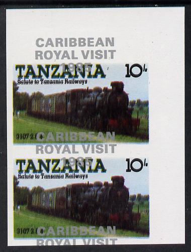 Tanzania 1985 Locomotives 10s (as SG 431) imperf proof pair with the unissued 'Caribbean Royal Visit 1985' opt in silver misplaced by 15mm unmounted mint, stamps on , stamps on  stamps on railways, stamps on royalty, stamps on royal visit