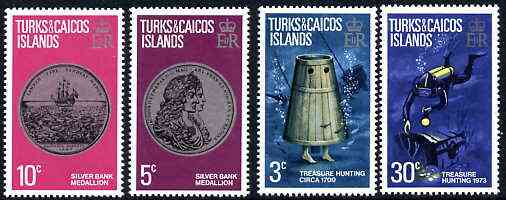 Turks & Caicos Islands 1973 Treasure perf set of 4 unmounted mint, SG 374-77, stamps on scuba, stamps on ships, stamps on coins, stamps on medals, stamps on pirates