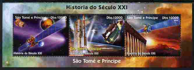 St Thomas & Prince Islands 2004 History of the 21st Century #1 perf sheetlet containing 3 values unmounted mint. Note this item is privately produced and is offered purely on its thematic appeal, stamps on , stamps on  stamps on space, stamps on  stamps on satellites, stamps on  stamps on 