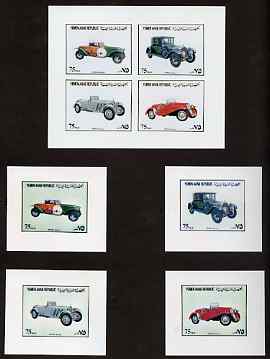 Yemen - Republic 1980 (?) Classic Cars imperf set of 8 plus two s/sheets each on Cromalin paper mounted in special folder by the printers, Ueberreuter, as SG 610-16, stamps on cars