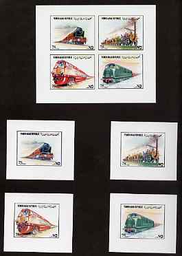Yemen - Republic 1980 (?) Locomotives imperf set of 8 plus two s/sheets each on Cromalin paper mounted in special folder by the printers, Ueberreuter, as SG 610-16, stamps on , stamps on  stamps on railways