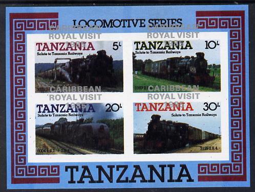 Tanzania 1985 Locomotives m/sheet (as SG MS 434) imperf proof with the unissued 'Caribbean Royal Visit 1985' opt in silver misplaced by 15mm unmounted mint, stamps on , stamps on  stamps on railways, stamps on royalty, stamps on royal visit, stamps on big locos