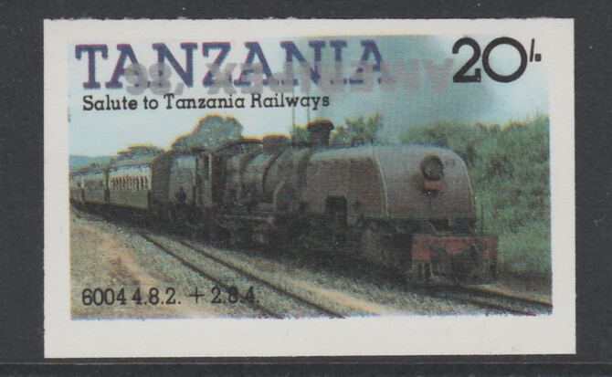 Tanzania 1986 Railways 20s (as SG 432) imperf proof with the unissued 'AMERIPEX '86' opt in silver inverted (some ink smudging) unmounted mint, stamps on , stamps on  stamps on postal, stamps on  stamps on railways, stamps on  stamps on stamp exhibitions