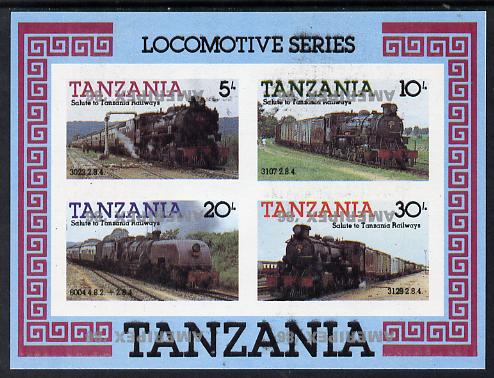 Tanzania 1986 Railways m/sheet (as SG MS 434) imperf proof with the unissued 'AMERIPEX '86' opt in silver inverted (some ink smudging) unmounted mint, stamps on , stamps on  stamps on postal, stamps on  stamps on railways, stamps on  stamps on stamp exhibitions