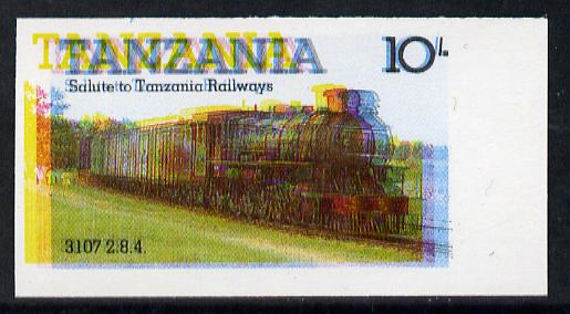 Tanzania 1985 Railways 10s (as SG 431) imperf proof single with all 4 colours misplaced (spectacular blurred effect) unmounted mint, stamps on railways 