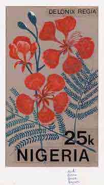 Nigeria 1987 Flowers - original hand-painted artwork for 25k value (De Lonix Regia) by unknown artist on card 5 x 8.5, stamps on flowers