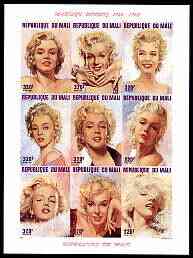 Mali 1996 Marilyn Monroes imperf sheetlet containing set of 9 unmounted mint, Mi 1566-74, stamps on , stamps on  stamps on films, stamps on  stamps on cinema, stamps on  stamps on entertainments, stamps on  stamps on women, stamps on  stamps on marilyn monroe, stamps on  stamps on personalities