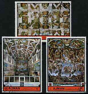 Ajman 1972 The Sistine Chapel by Michelangelo perf set of 3 cto used, Mi 1874-76, stamps on , stamps on  stamps on arts, stamps on  stamps on michelangelo, stamps on  stamps on churches, stamps on  stamps on renaissance