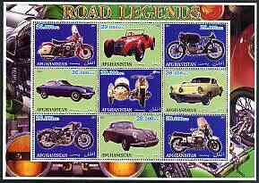 Afghanistan 2001 Road Legends perf sheetlet containing set of 9 values unmounted mint (5 Motorcycles & 4 cars), stamps on , stamps on  stamps on cars, stamps on  stamps on motorbikes, stamps on  stamps on 