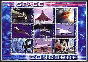 Angola 2002 Concorde & Space perf sheetlet containing set of 9 values unmounted mint, stamps on , stamps on  stamps on space, stamps on  stamps on concorde, stamps on  stamps on aviation