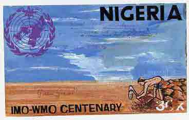 Nigeria 1973 IMO & WMO Centenary - original hand-painted artwork for 30k value (beautifully crude) by unknown artist on card 10 x 6, stamps on weather     rainbow