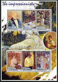 Afghanistan 2001 The Impressionists - Toulouse-Lautrec perf sheetlet containing set of 6 values unmounted mint, stamps on , stamps on  stamps on arts, stamps on  stamps on toulouse lautrec