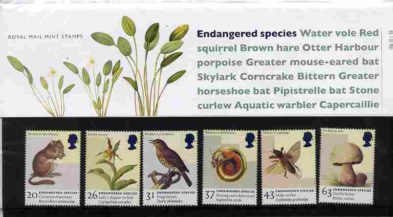 Great Britain 1998 Endangered Species set of 6 in official presentation pack SG 2015-20, stamps on snail    thrush    insects     fungi    orchids      mouse