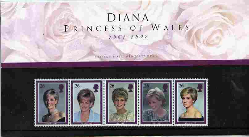 Great Britain 1998 Princess Diana Memorial Issue strip of 5 in official presentation pack SG 2021a, stamps on diana    royalty