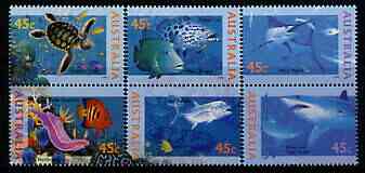 Australia 1995 Marine Life perf set of 6 (3 se-tenant pairs) unmounted mint SG 1556-61, stamps on , stamps on  stamps on marine life, stamps on  stamps on turtles, stamps on  stamps on reptiles, stamps on  stamps on sharks, stamps on  stamps on fish, stamps on  stamps on coral, stamps on  stamps on octopus, stamps on  stamps on 