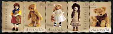 Australia 1997 Dolls & Teddy Bears perf strip of 5 unmounted mint, SG 1693a, stamps on , stamps on  stamps on children, stamps on  stamps on dolls, stamps on  stamps on toys, stamps on  stamps on teddy bears